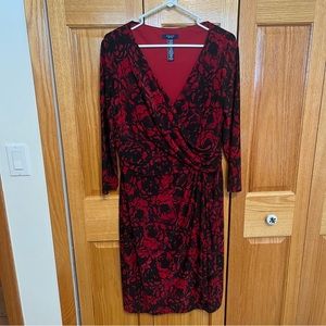 Chaps faux wrap front dress. Size XL. Red and black floral print. 3/4 sl…